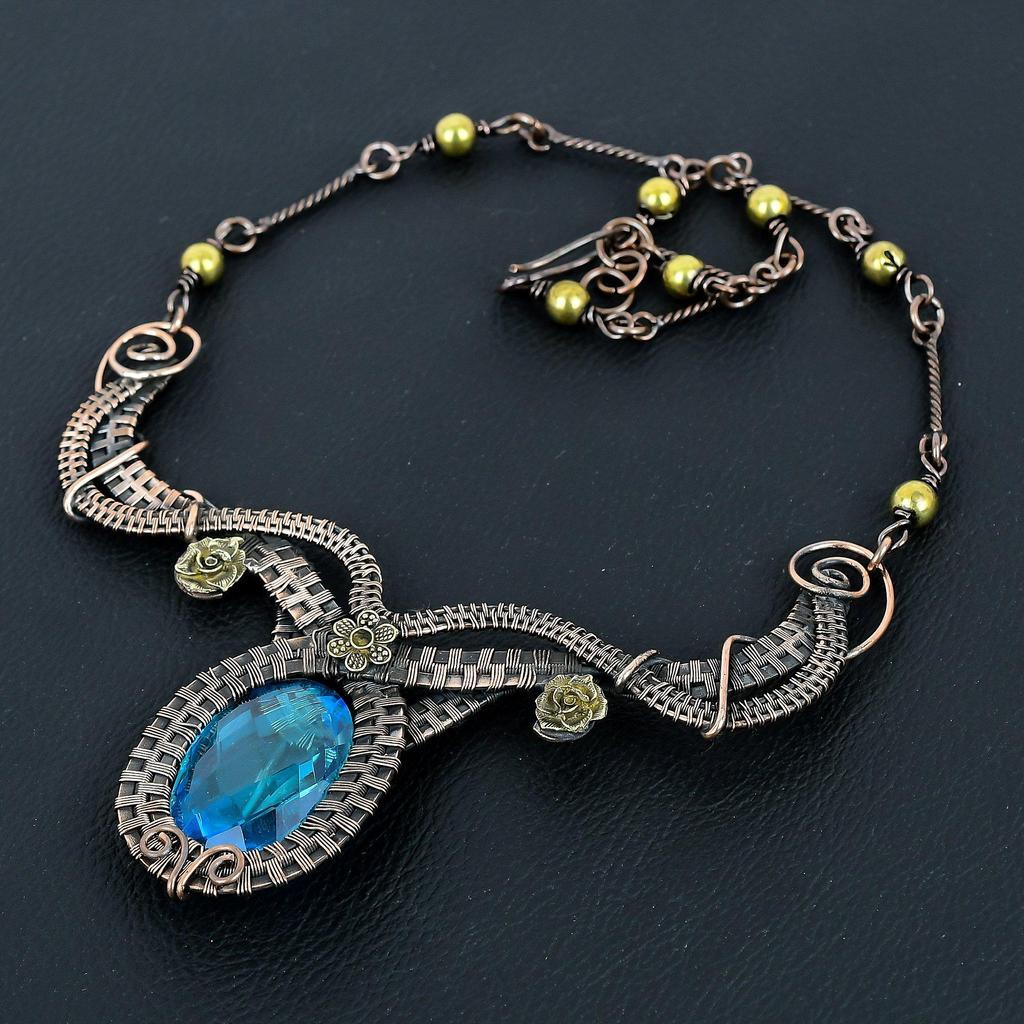 Blue Topaz  Necklace Handmade Jewelry, 999 Copper Wire Wrapped Necklace Designer Gemstone Jewelry Adjustable Chain Necklace Gift For Mom