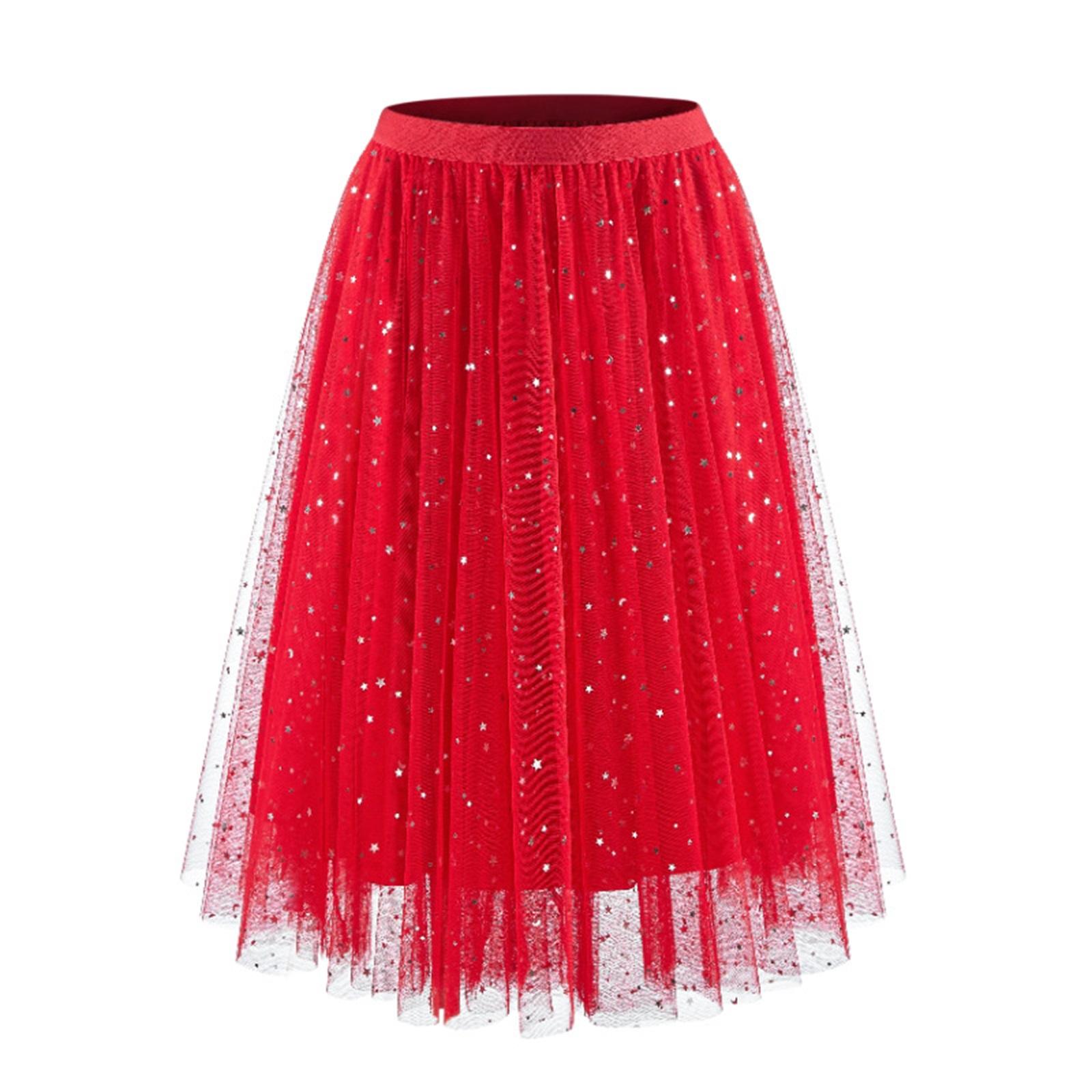 

Women s Fashion Puff Skirt Sequin Elastic Waist Half Skirt L красный