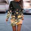 Women's Round Neck Vintage Floral Print Long Sleeve Wrap Dress Sweatshirt Dresses