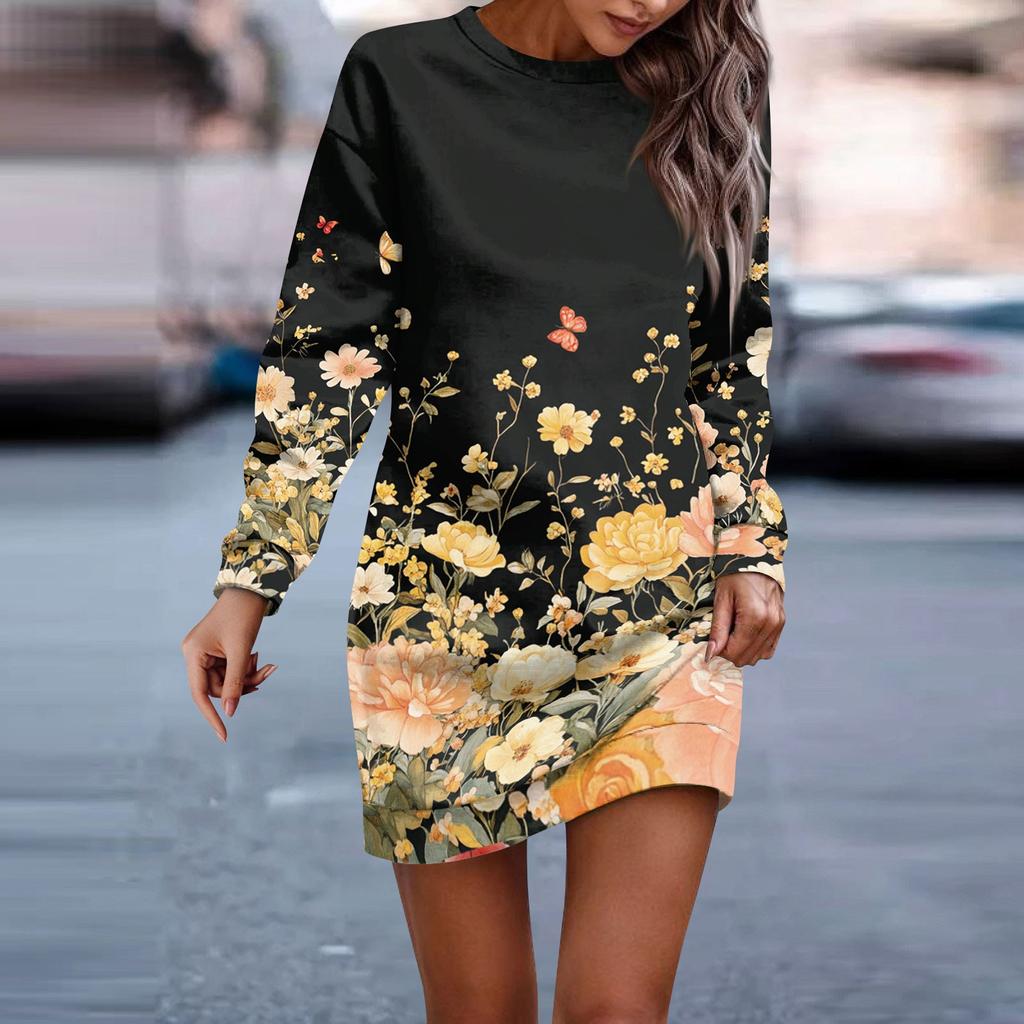 Women's Round Neck Vintage Floral Print Long Sleeve Wrap Dress Sweatshirt Dresses