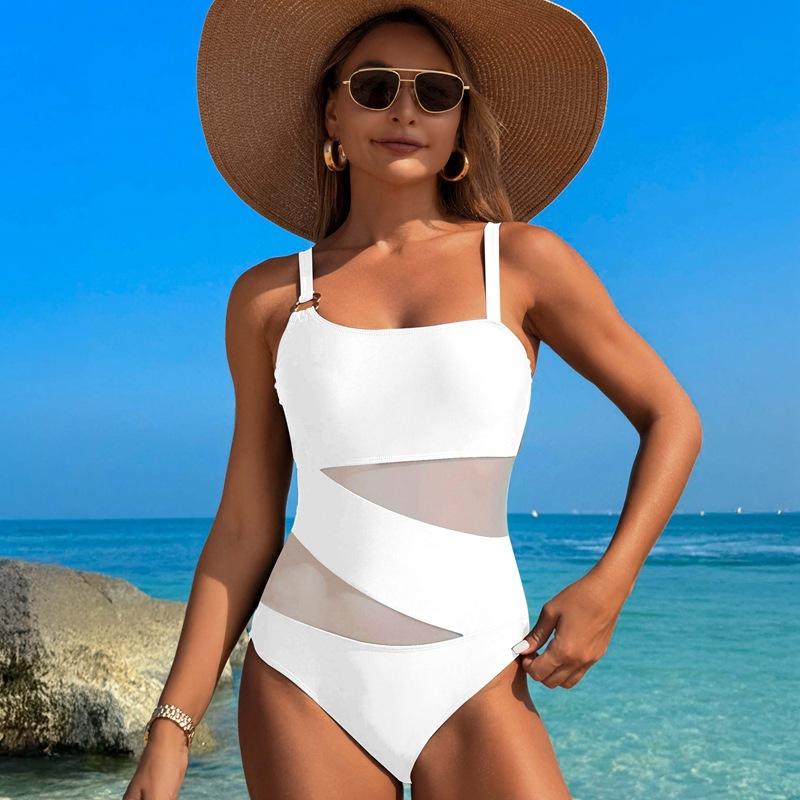 New hot spring swimsuit for women, high-end Huludao swimsuit, sexy mesh and nylon one-piece swimsuit