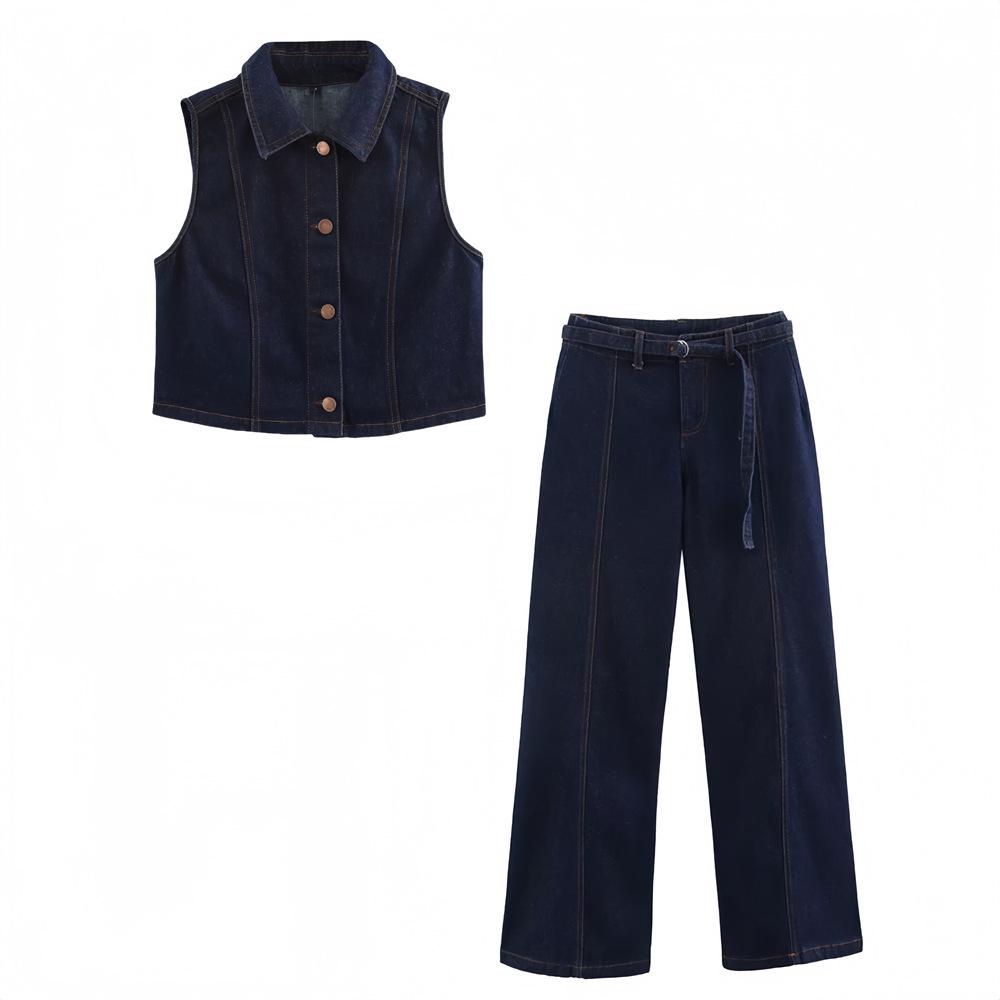 

2025 Spring Women s Slim Fit Denim Vest with High-Waist Long Pants Set Extra Small