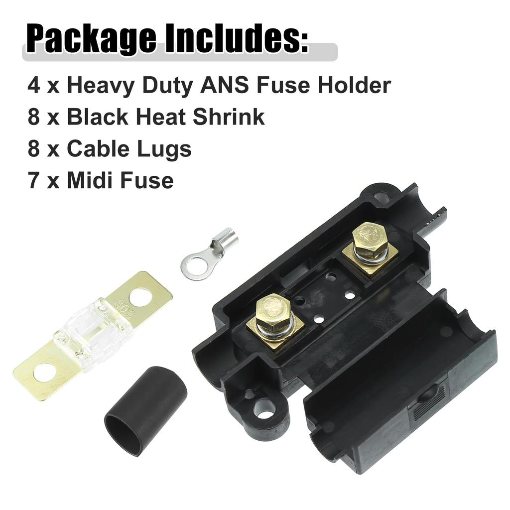 uxcell 80A Fuse Kit 4 ANS Holder 7x80 AMP Fuse 8 Heat Shrink 8 Cable Lugs for Car Dual