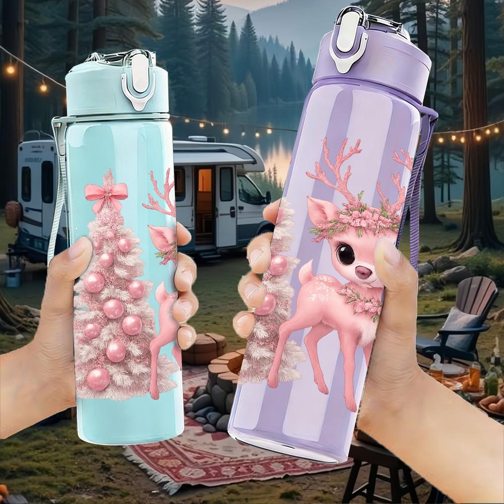 1PC Floral Reindeer Christmas Print 750ml Color Plastic Sports Water Bottle Leakproof Flip Straw Lid Suitable for Sports Office Home Use