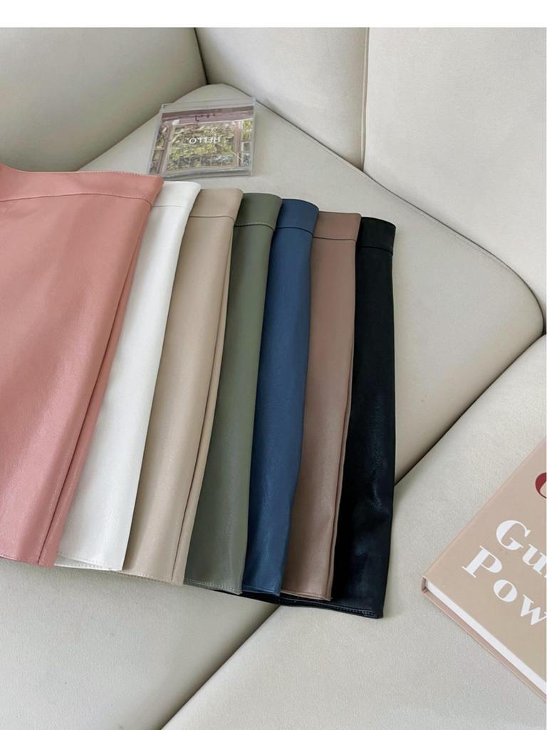 Women's Green PU Leather High Waist A-line Mini Skirt - Autumn/Winter Petite Fashion