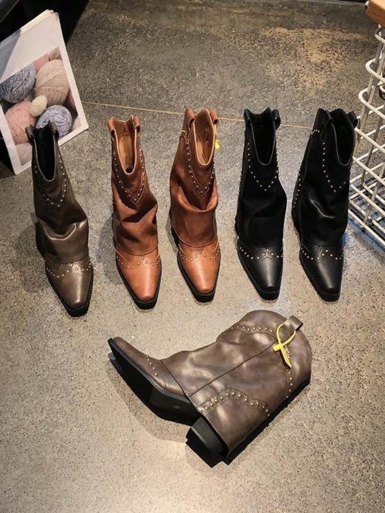 Fashion Black Pointed Toe Mid Calf Shoes Woman Waterproof Pu Demi-season on Offer Gyaru Hot Chic and Elegant Half High Boots for Women