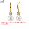 Effie Queen Stainless Steel 18k Gold Oval Pearl & Zirconia Dangle Earrings Timeless Jewelry for Women Wedding Party Gift STPE06