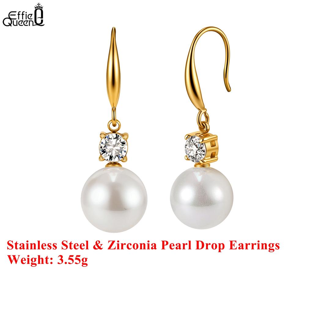 Effie Queen Stainless Steel 18k Gold Oval Pearl & Zirconia Dangle Earrings Timeless Jewelry for Women Wedding Party Gift STPE06
