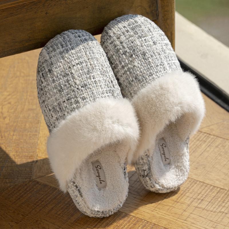 New thick-soled heightened small fragrant slippers autumn and winter indoor household velvet warm and non-slip wool cotton slippers