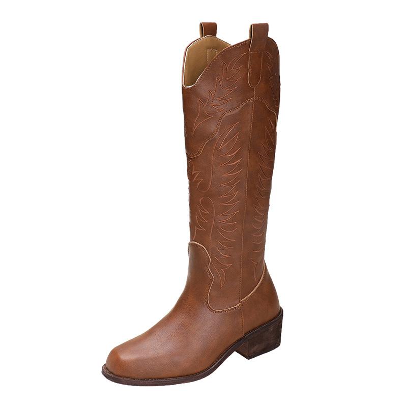 Vintage square head thick heel western cowboy boots women's V-mouth embroidered knight boots 2025 new side zipper boots