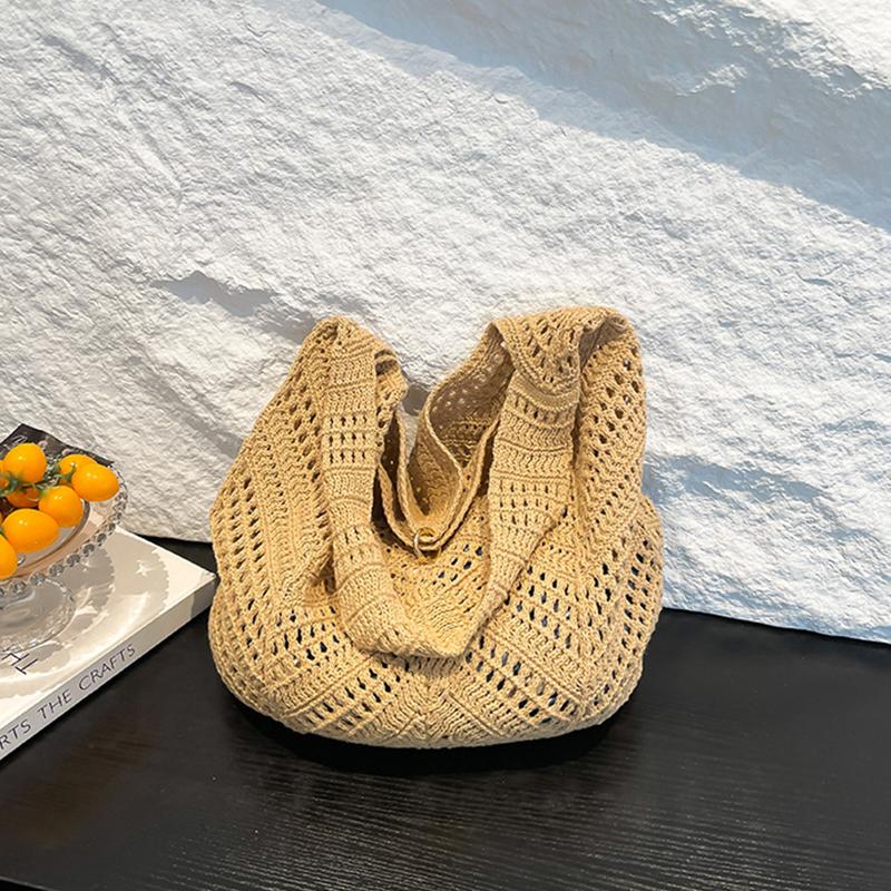 Yogodlns Casual Knitted Tote Bag Women's Summer Fashion Basket Weave Hollow Out Large Capacity Shoulder Bag for Daily Use