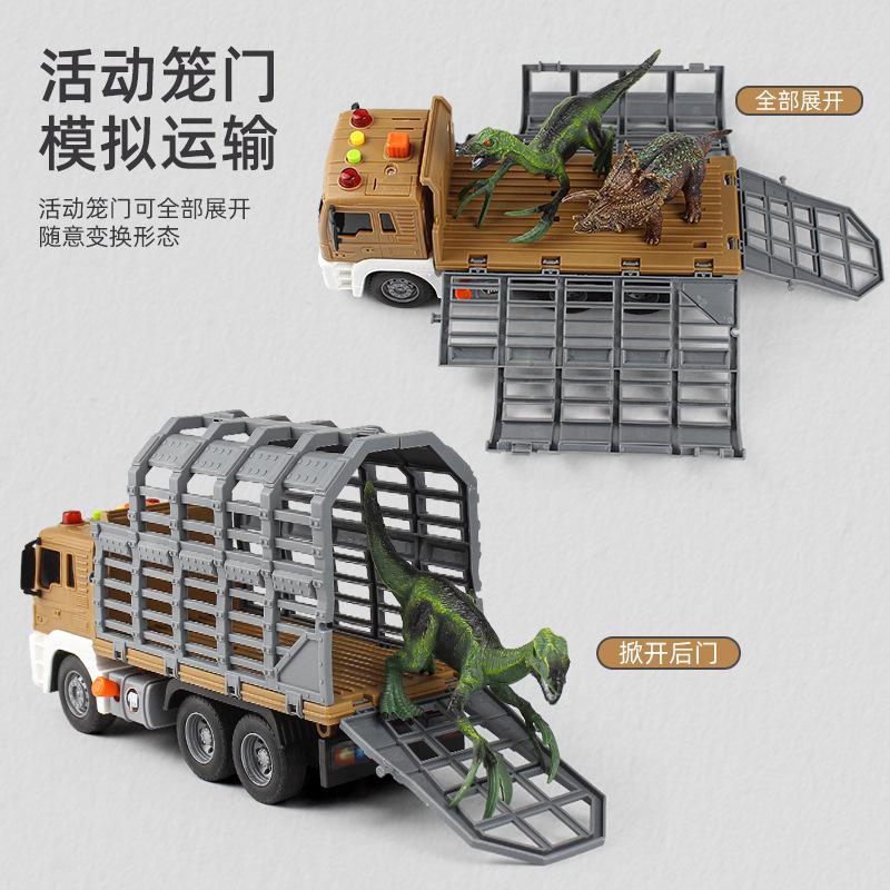 Dinosaur Dump Truck with Cage Sound and Light Toy Trucks with 4 Dinosaurs Friction-Powered Toy Truck B240