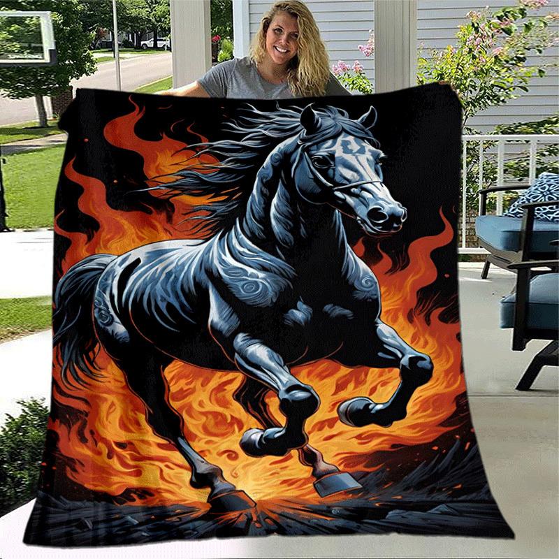 1pc Horse Printing Lightweight Flannel Blanket, Comfortable and Warm Blanket, for Camping Sofa Bed and Couch Office, Gift