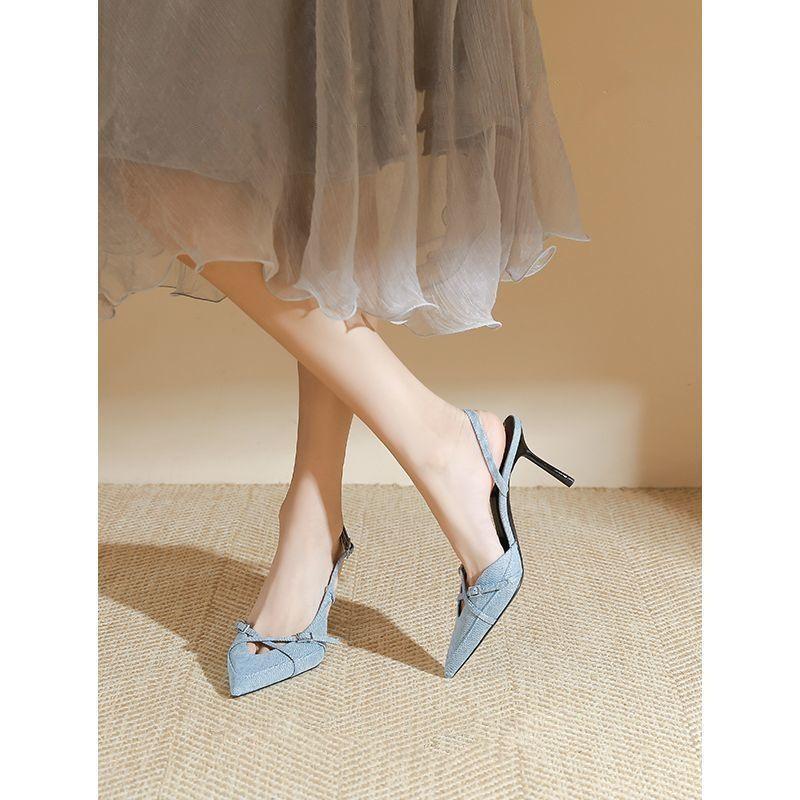 Pointed High-heeled Fashion Sandals Women's Summer 2025 New Foreign Denim Blue Slick-heeled Mullers
