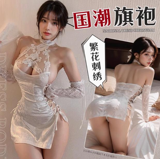 Sex underwear sexy neck straps cheongsam mesh passion transparent nightdress seduction uniform suit