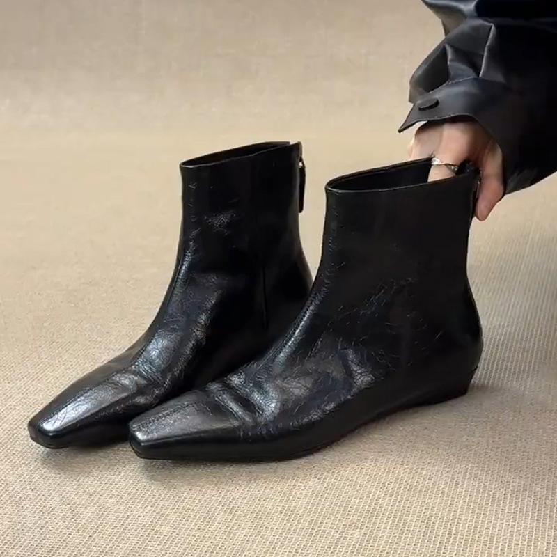Calfskin version! Huge good-looking short boots for women's versatile commuting style square head rear zipper and ankle boots inner height-increasin