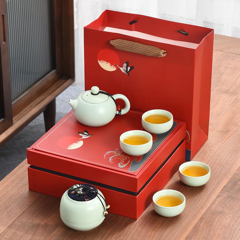 Black Pottery Kung Fu Tea Set Coarse Pottery Tea Set Company Gift Set One Pot and Four Cups with Fragrant Gift