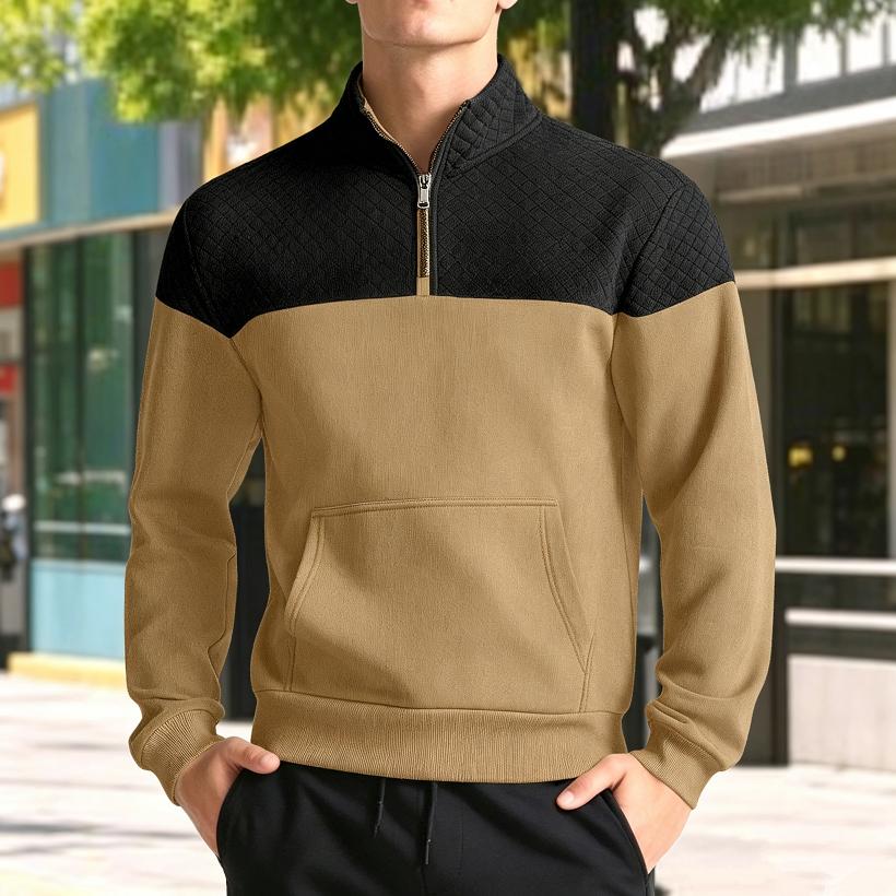 Men Color Block Quarter Zip Sweatshirt Mock Neck Pullover with Kangaroo Pocket Ribbed Cuffs Hem Long Sleeve Spring Fall Casual Streetwear Top