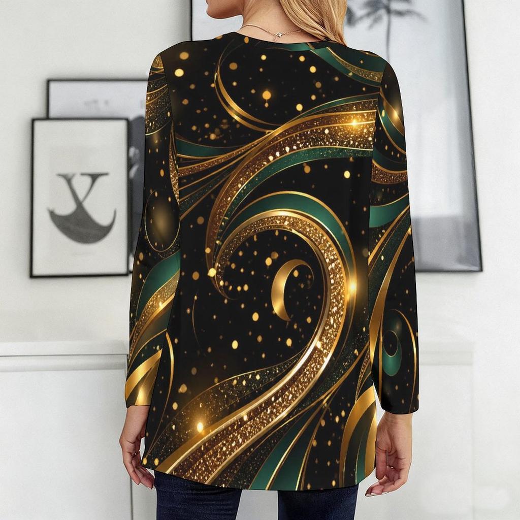 Women Plus Size Round Neck Long Sleeve Black Gold Green Printed Longline T Shirt With Pockets