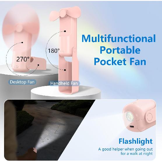 3 PCS Portable Mini Handheld Fans, 3 In 1 Foldable Small Pocket Fan Desk Personal Fan with Flashlight 3 Speeds, USB Rechargeable Battery Operated,