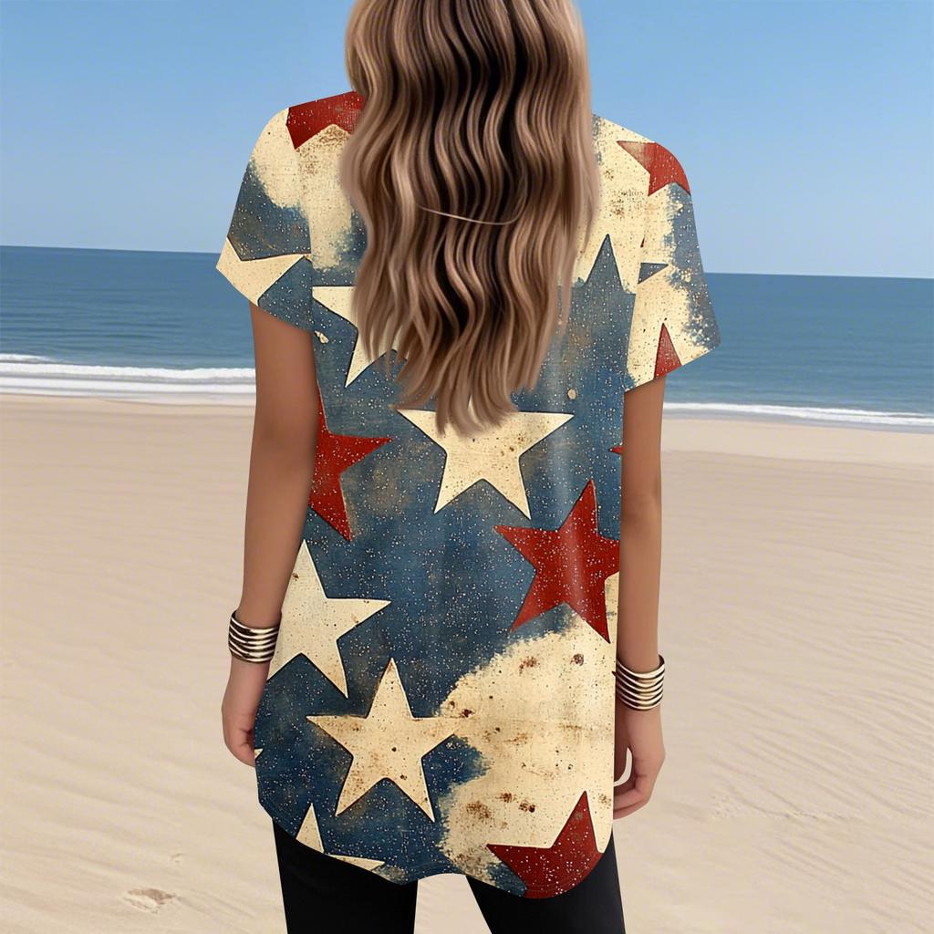 Womens Tops V-neck Short Sleeve Blouses Casual Mid-length Shirts Fashion Independence Day Print Tunic Tops With Pockets