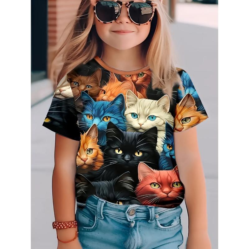 Buntes Katzenmädchen T-Shirt Niedliche Muster Sommer Kurzarm 3D Druck Mädchen Oberteil Mode Lässig Streetwear Kinderkleidung