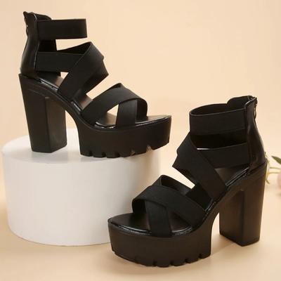 2024 Punk Stil Chunky High Heels Plattform Sandalen Frauen Offene Spitze Slip Auf Stretch Ankle Strap Sommer Schuhe Weibliche