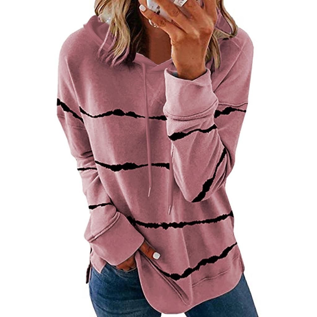 Women's Fashion Casual Stripe Print Hooded Long Sleeve Loose T Shirt Tops