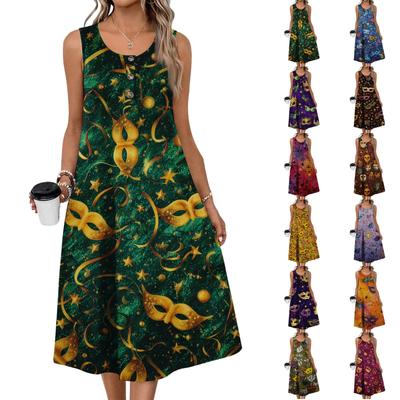 Damenmode Lässig Ärmellos Geknöpft Karneval Bedrucktes Kleid mit Taschen