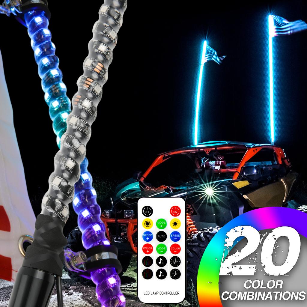 2pcs 3ft LED Whip Lights with Bluetooth Remote Control Spiral RGB Chase Light Offroad 360°Spiraling Rising Dream Wrapped