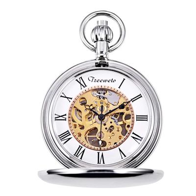 TREEWETO Mechanisch Zakhorloge Klassiek Antiek Romeins met Ketting, Skeleton, Cijfers, Zilver,