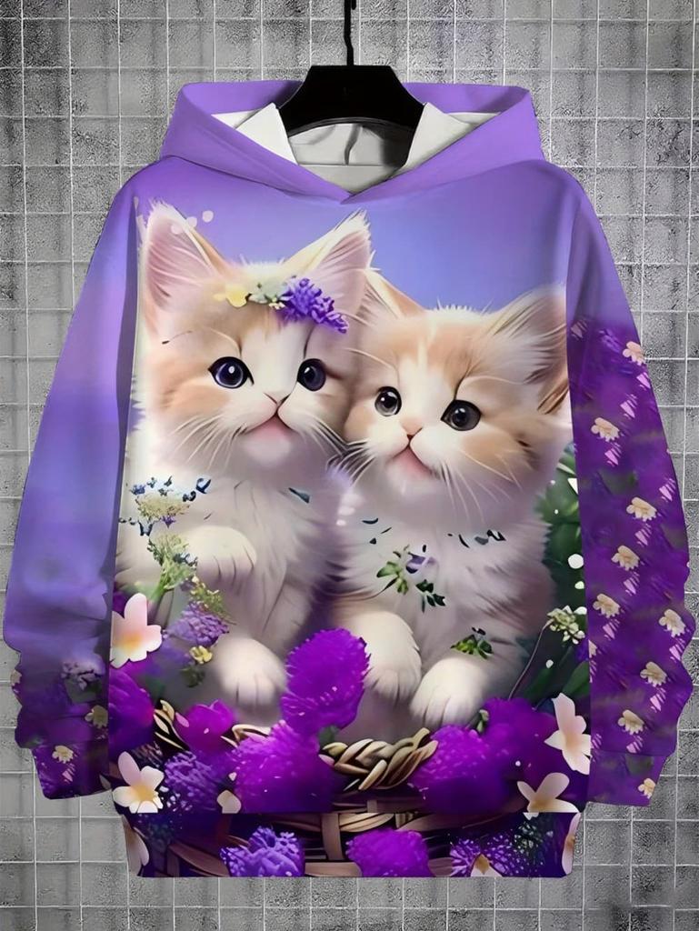 Girls Clothes Hoodies for Kids Cute Cartoon Cat Printed Hoodie Spring Autumn Casual Tops Fashion Sweatshirt Children's Clothing
