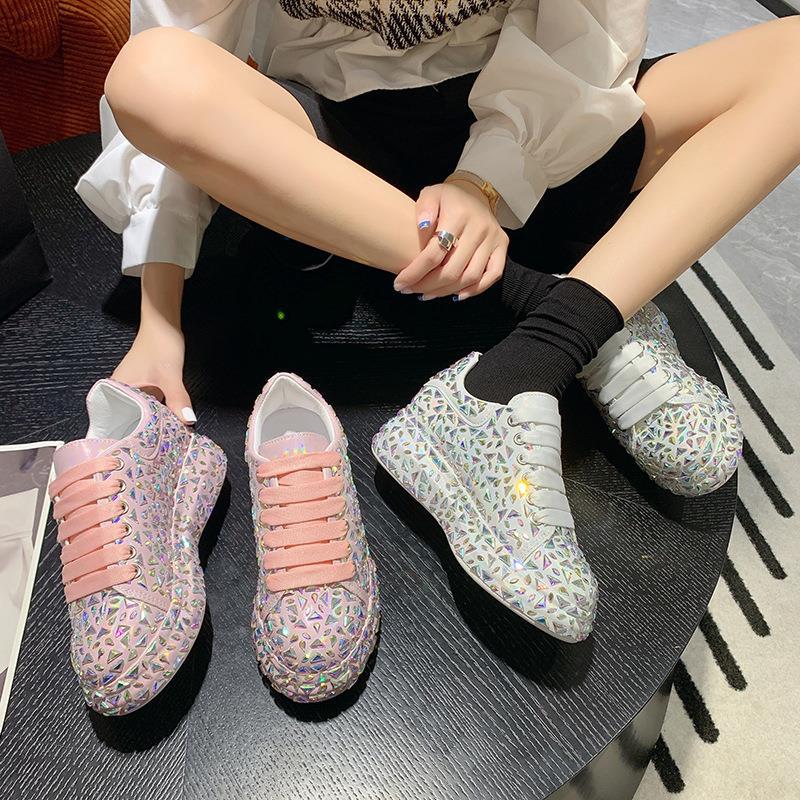 McQueen board shoes full of diamonds little white shoes women show thin rhinestones fried street leisure sports dad shoes women