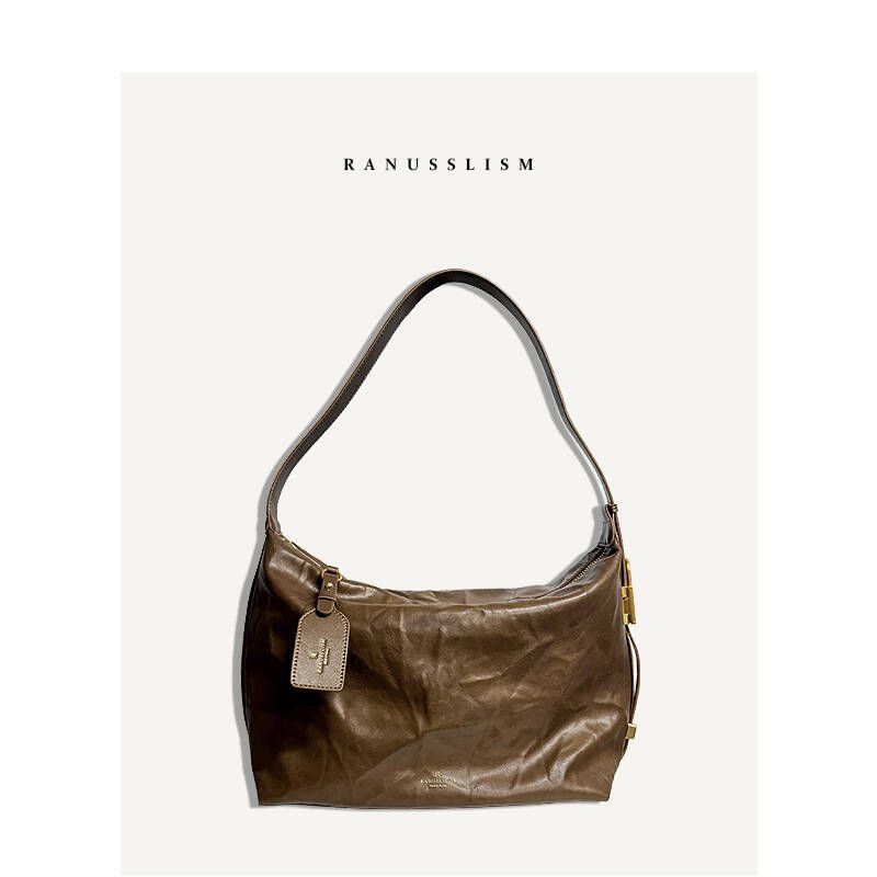 

Ranu Original Design Niche Style Soft Leather Tote Women s Large Capacity Casual All-Match Commute Loose Crossbody Big Bag Dead wood Brown