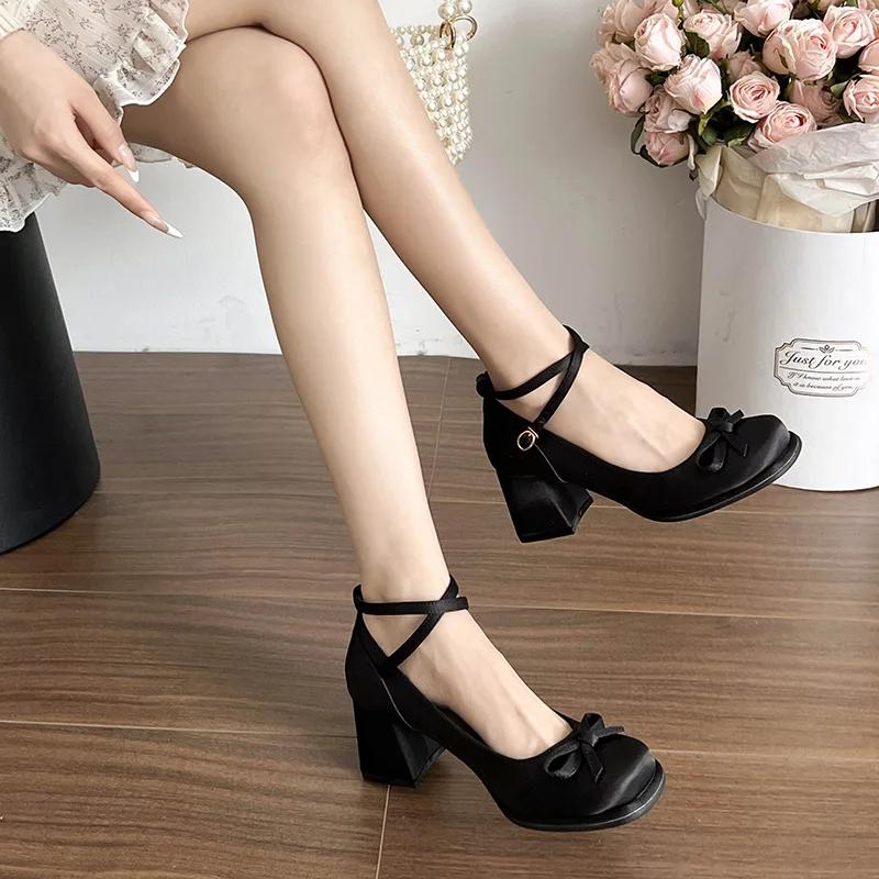 Fashion Women Fashion Platform Pumps Spring High Heels Buckle Strap Mary Jane Shoes Woman Elegant Bows Thick Heeled Party Single Shoes