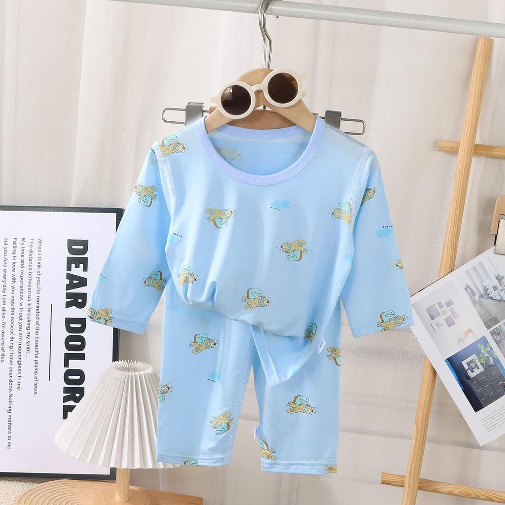Children'S Pajamas, Pajamas, Summer Boys And Girls Tencel Lyocell Loungewear Nine-Quarter Sleeve Thin Korean Version Set