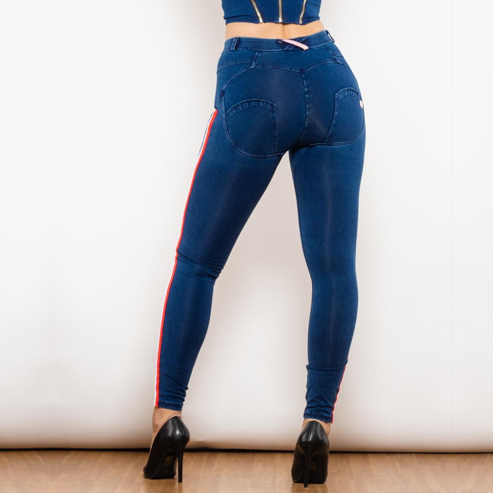 Shascullfites Melody Calça Jeans Listrada Lateral Branca e Vermelha Azul Escuro Cintura Média Elástica Calça Slim Reta Calça Levanta Bumbum