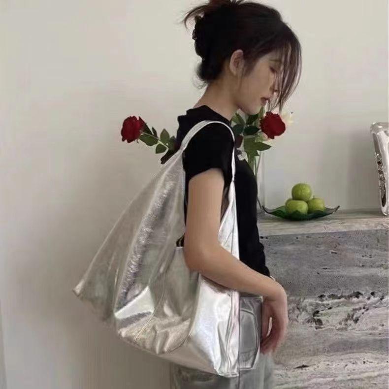 Große Einkaufstasche Korean Fashion Soft PU Patchwork Schwarz Silber Schultertasche Geldbörsen und Handtaschen Designer