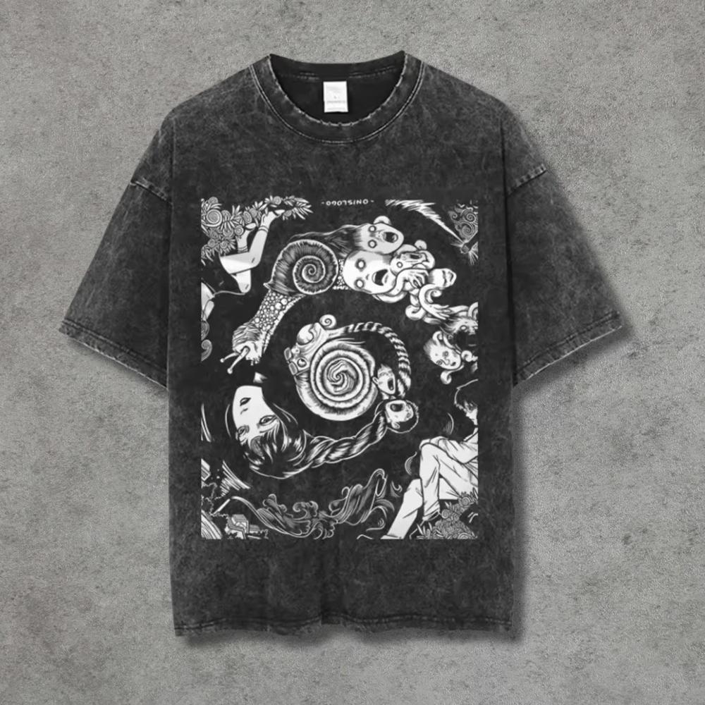 Washed Cotton Horror Manga Graphic T-Shirt Retro Spooky Anime Print Tee Casual Loose Short Sleeve for