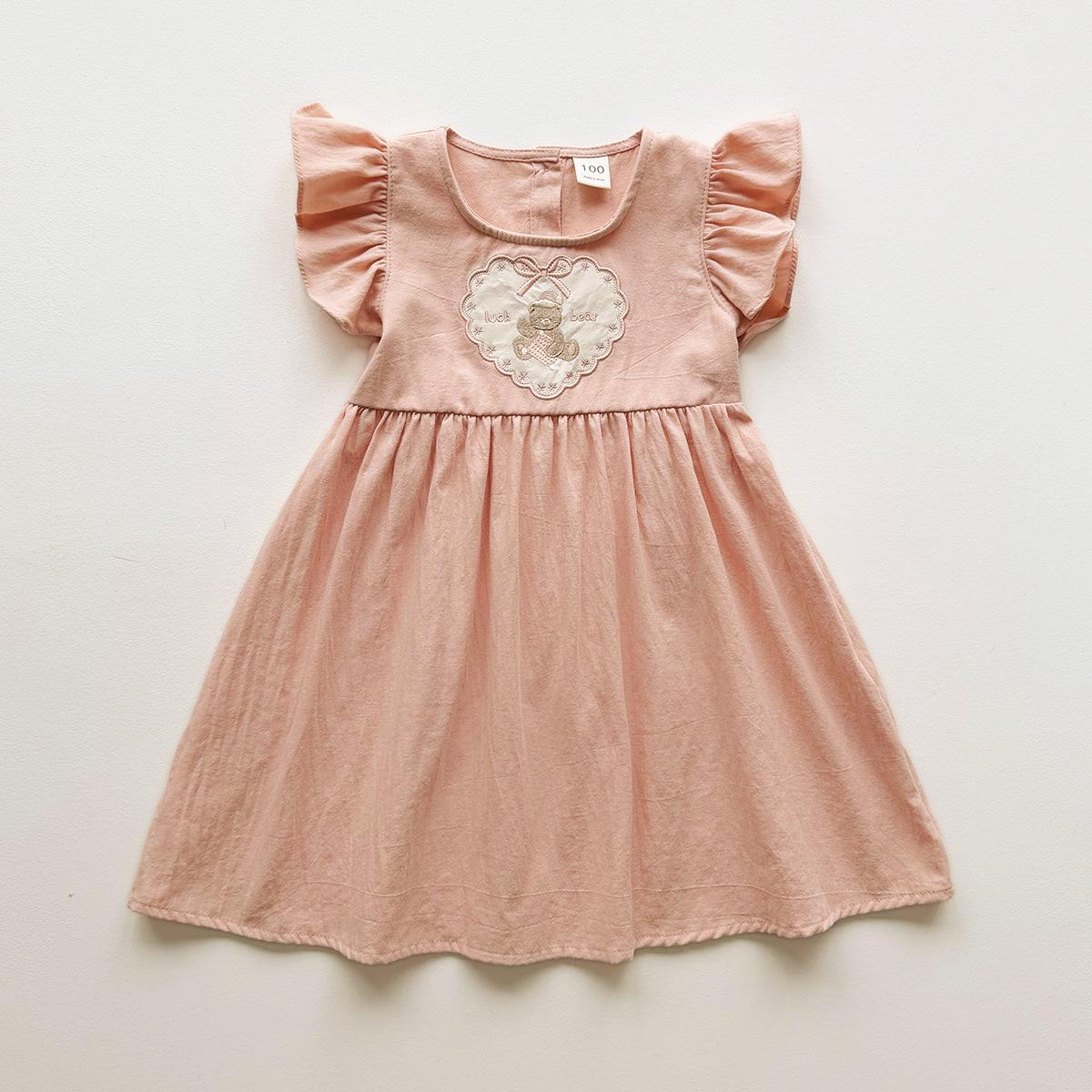Girls Summer Cotton Dress with Heart Bear Embroidery Ruffled Flutter Sleeve Kids Casual Princess Party Sundress 90cm