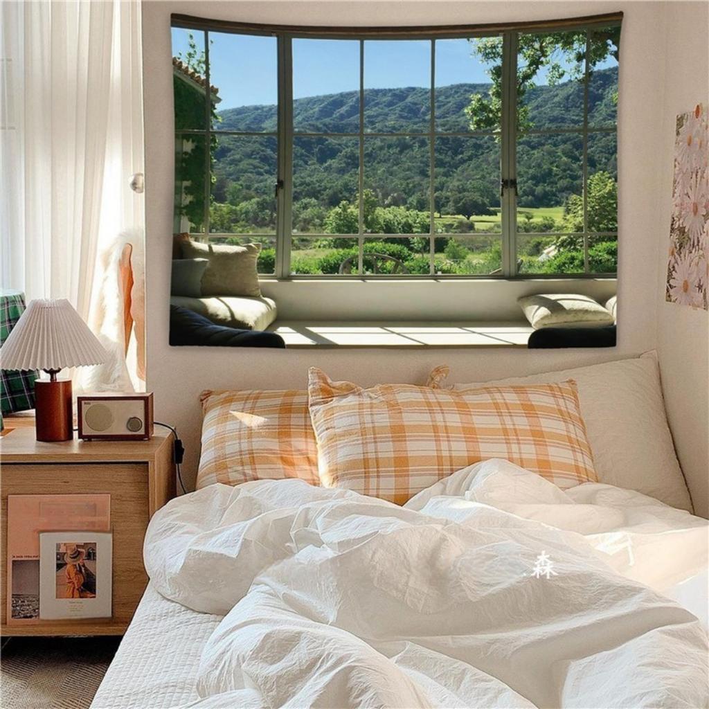 Hintergrundtuch Schlafzimmer Raumrenovierung Fenster Wohnheim Schlafzimmer Raum Falsche Landschaft Hängendes Tuch Wandteppich