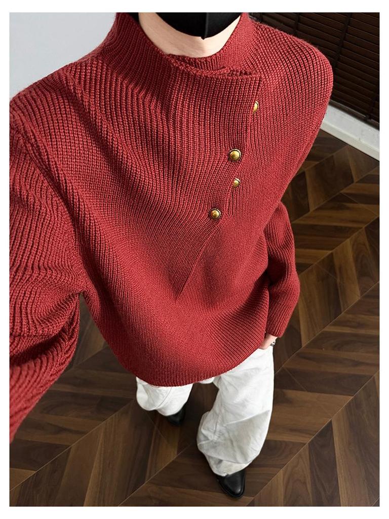 Hoge Hals Trui voor Mannen in Koreaanse Stijl met Onregelmatig Knopenontwerp - Trendy, Cool, Casual Gebreide Top