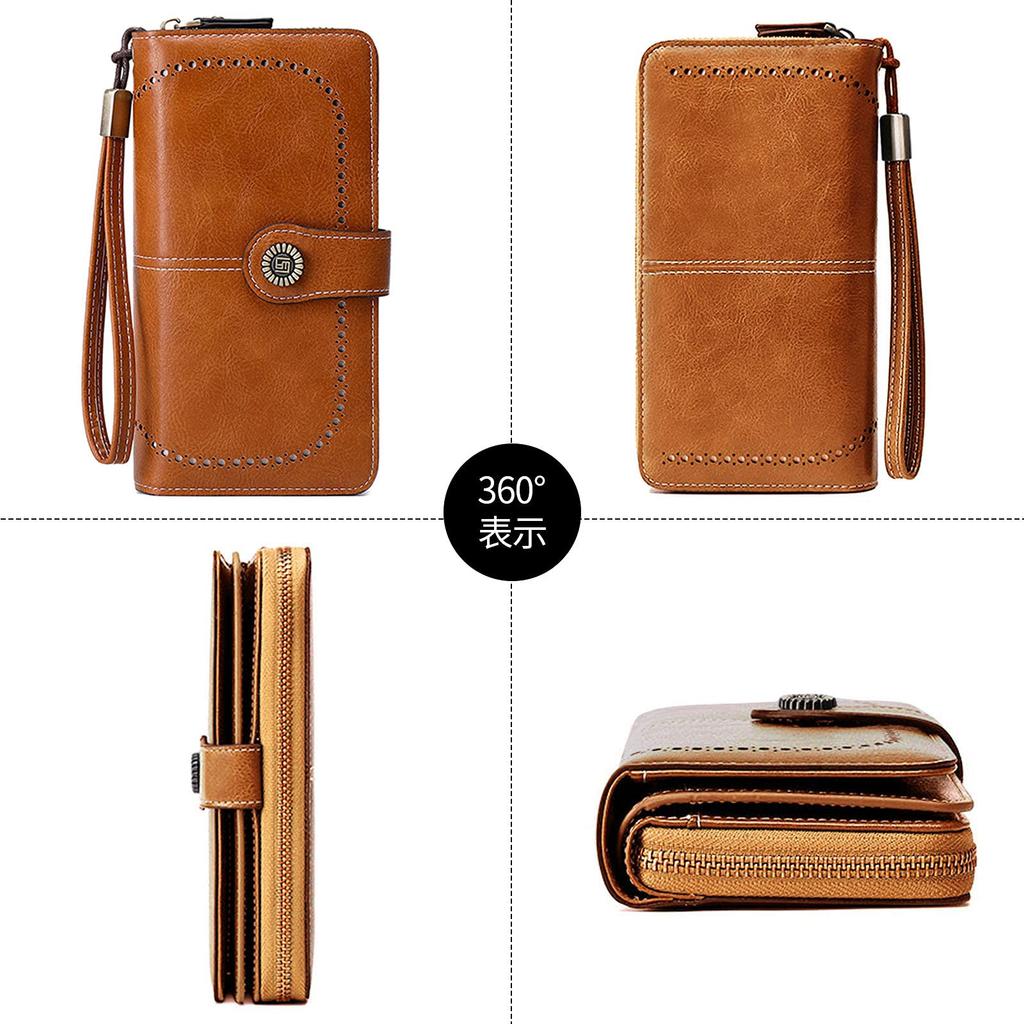 FORRICA Long Wallet with Coin Retro Round Bill PU Brown Women's RFID-Skimming-Proof Zipper, Purse, Style, Zipper, Compartment, Leather,