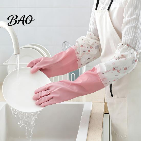 Warm Household Cleaning Gloves Long Sleeves Dishwashing Gloves, Thick Fleece Lining Non-Slip Silicone Rubber for Kitchen And Bath Reusable Waterproof