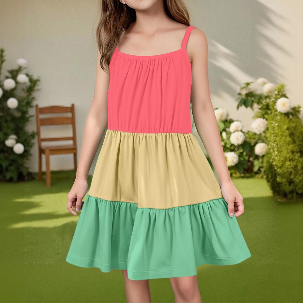 Rochie de vară casual pentru copii, cu gât rotund, culoare uni, fără mâneci