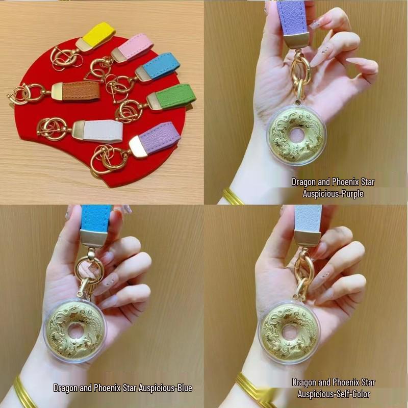 

999 Fine Gold Dragon & Phoenix Lucky Charm Keychain - Mid-Autumn Festival Gift Dragon and Phoenix Safety Buckle with Brown Strap