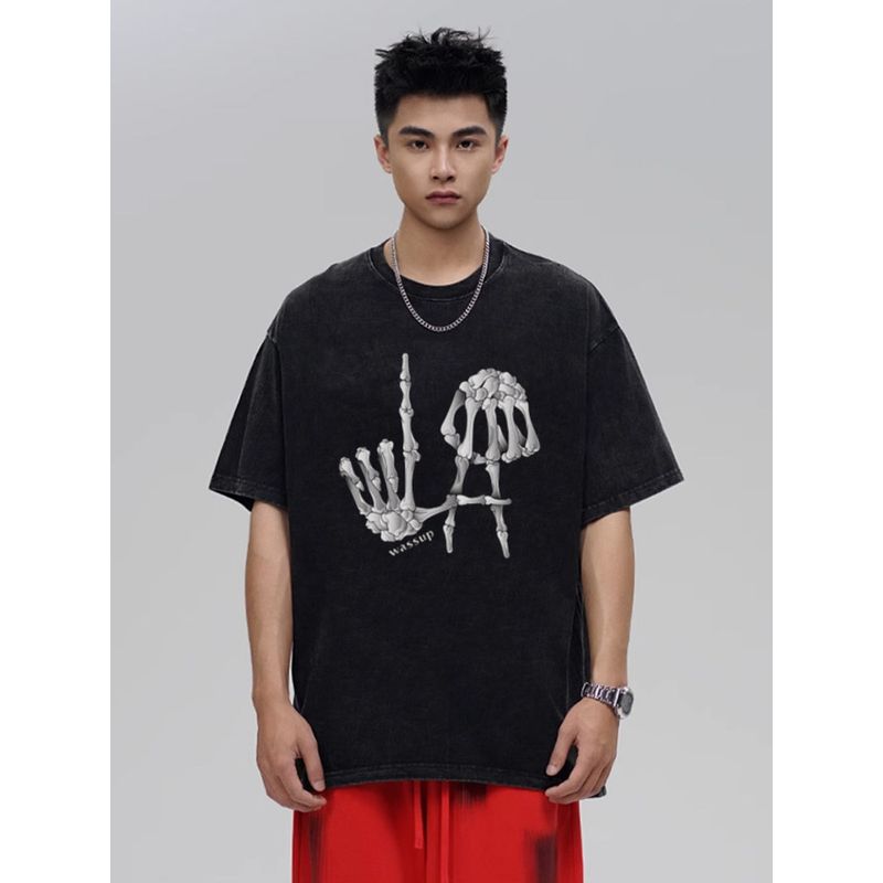 Wassup Skull Gesture Heavyweight Short-Sleeve T-Shirt for Men, American Style, Summer Loose Fit, Washed Vintage Couple Trendy Brand Top