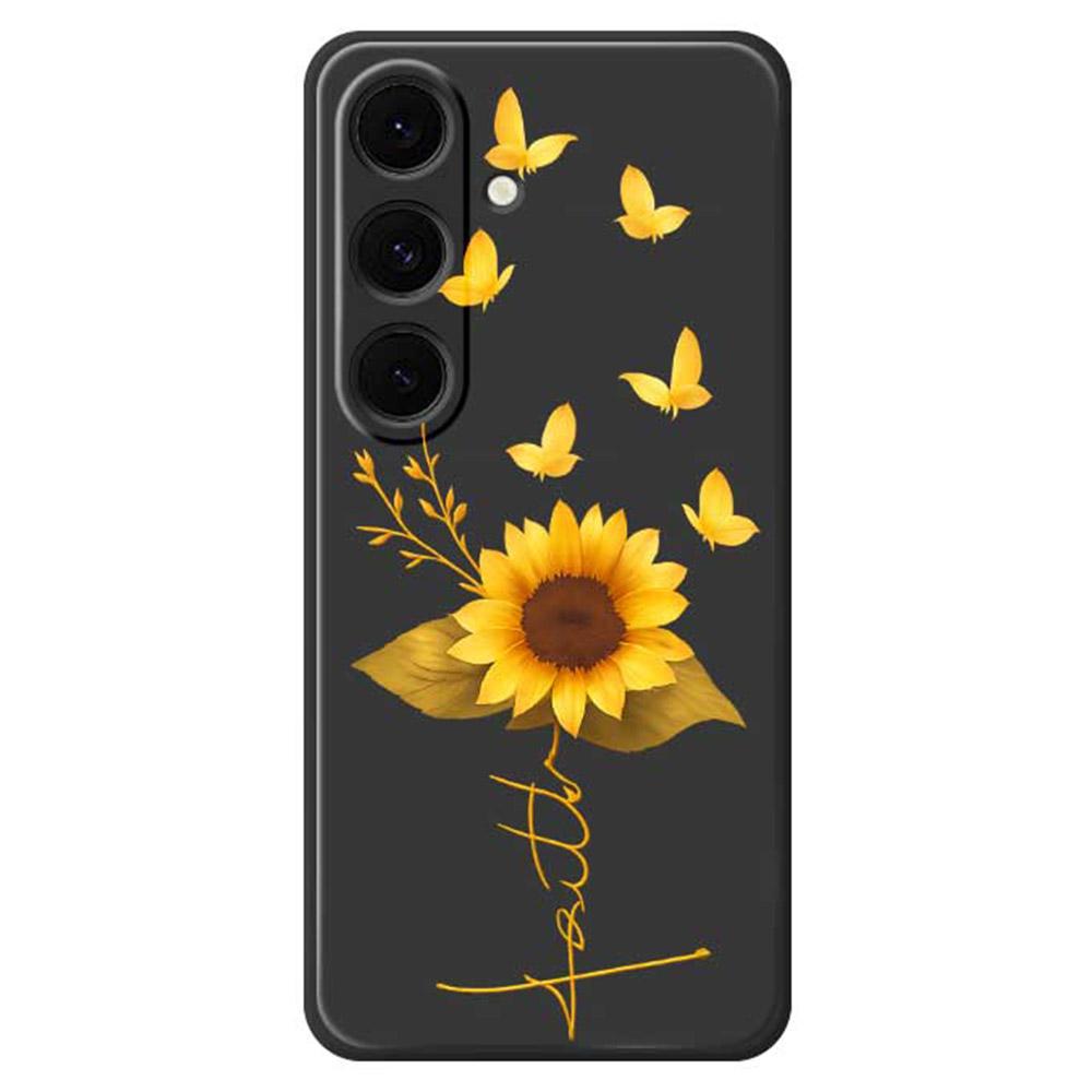 

For Samsung Galaxy S25+ Case Golden Butterfly Sunflower Pattern Printing Straight Edge TPU Phone Back Cover Black