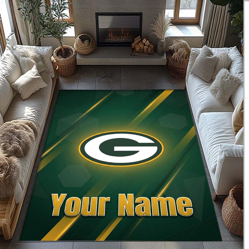 Green Bay Packers Crystal Velvet Rug, Custom Name Text Personalized Non‑Slip Floor Mat for Home Decor Gift