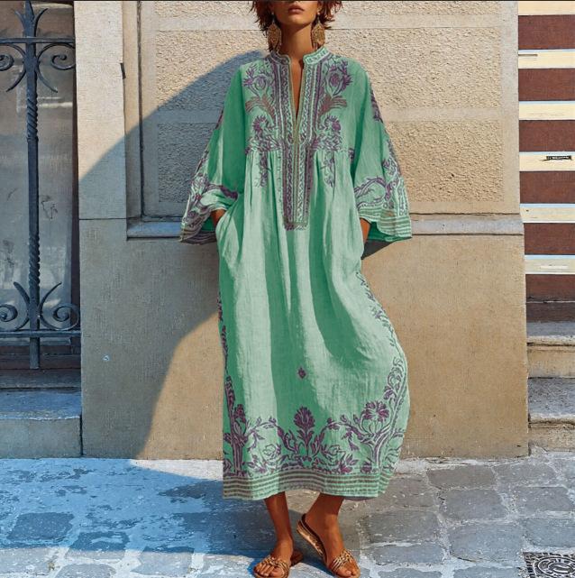 Boho Stil V-Ausschnitt Lässiges Kurzarm Maxikleid mit Print Lockerer Schnitt Leichtes Sommerkleid für Damen